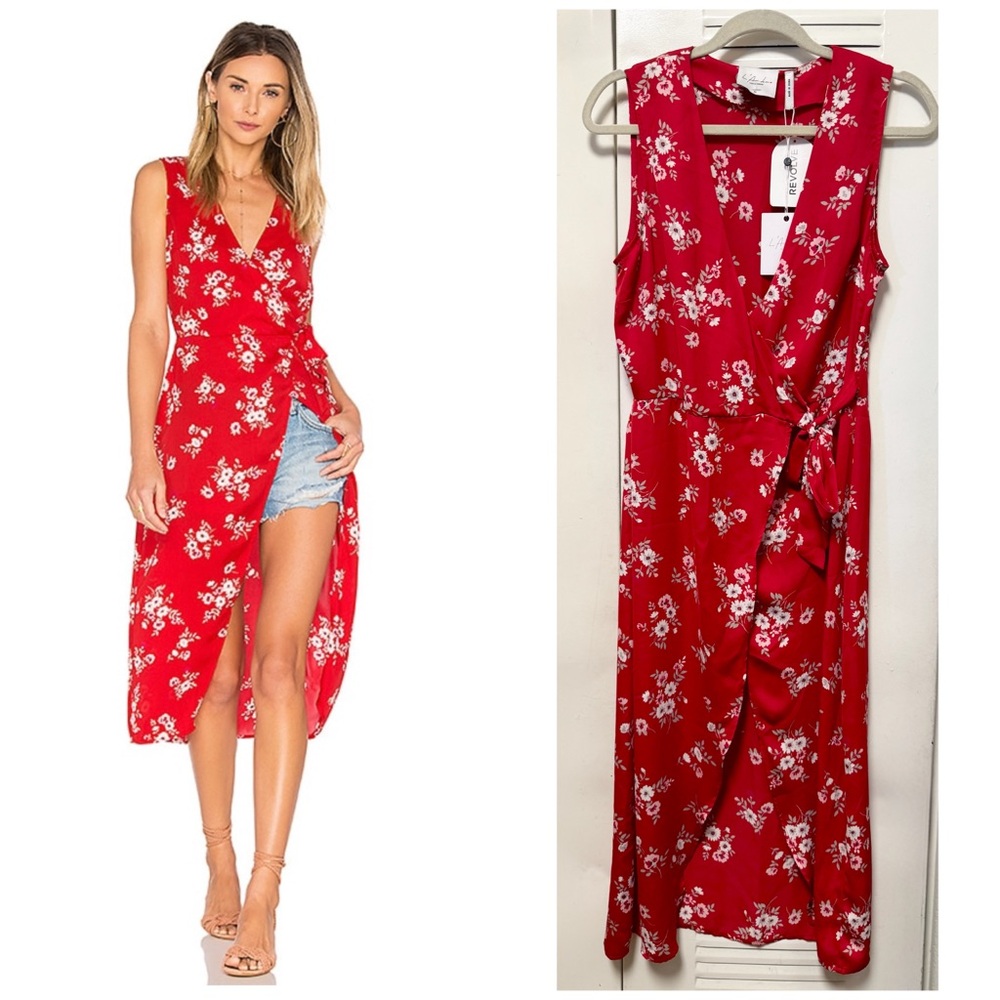 NWT - L'Academie The Hi-Low Wrap Blouse  in Red Floral | REVOLVE